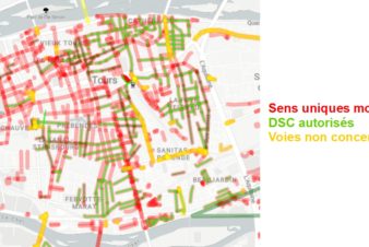 Répartition des sens uniques et des double-sens cyclables à Tours Centre. Source : Observatoire des Doubles Sens Cyclables (version Octobre 2020) créé par le Collectif Cycliste 37.