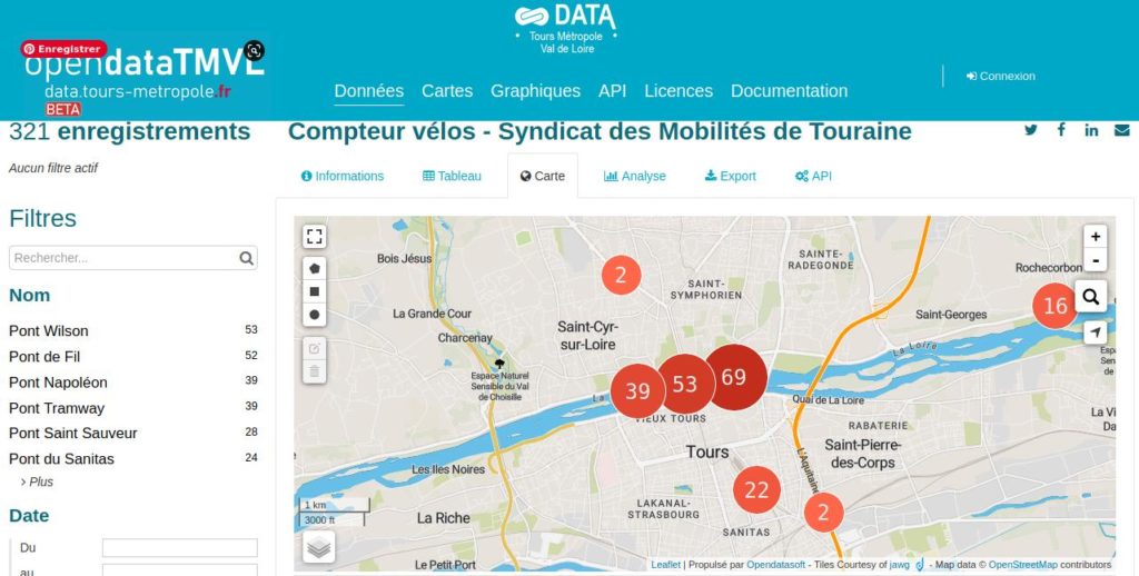 Carte de l'implantation des compteurs vélos de l'agglomération tourangelle. Extrait du site data.tours-metropole.fr, novembre 2020.