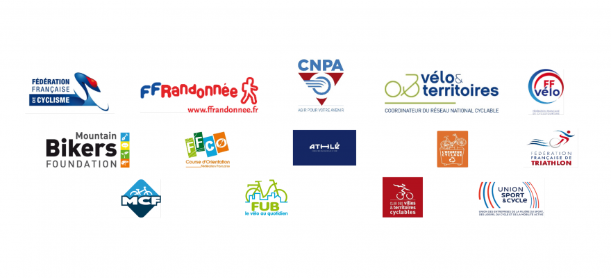 Logos des 16 réseaux et fédérations signataires de la tribune, dont la FUB, demandant la levée de la limite d’un kilomètre du domicile pour le motif d’activité physique