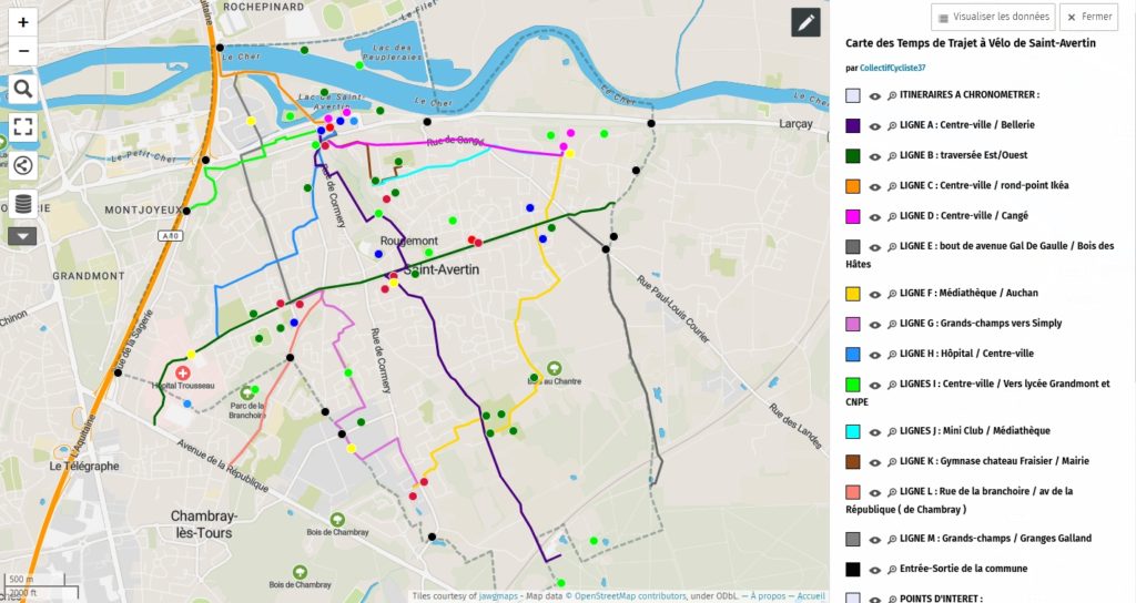 carte des temps de trajet à vélo Saint Avertin umap