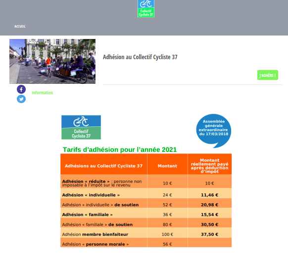 Page dédiée aux adhésions en ligne au Collectif Cycliste 37.