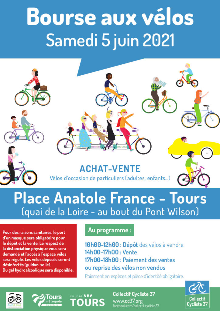 Affiche de la bourse aux vélos d'occasion du samedi 5 juin 2021 organisée par le Collectif Cycliste 37 et le Syndicat des Mobilités de Touraine en partenariat avec la Ville de Tours et Tours Métropole Val de Loire. @CC37 / réalisation : Eszett