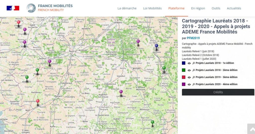Cartographie des Lauréats 2018, 2019 et 2020 des appels à projets ADEME et France Mobilités.
