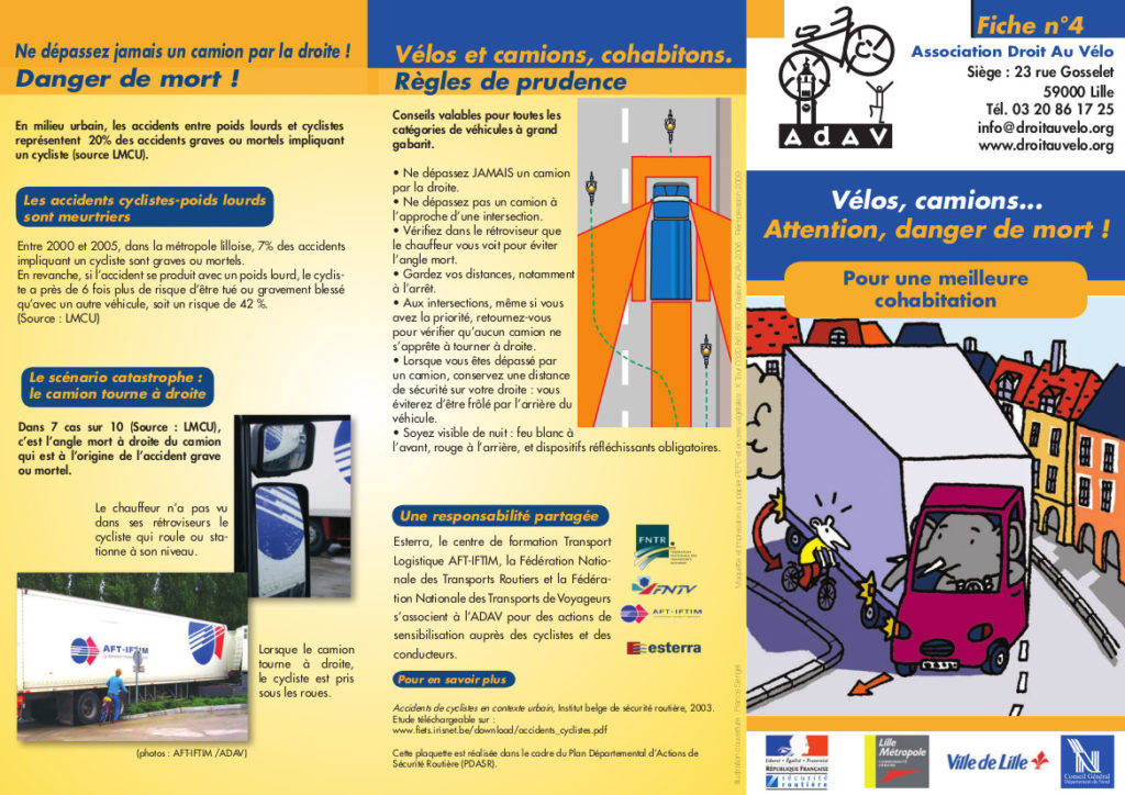 Fiche n°4 de l'ADAV, association Droit au vélo, "Vélos, camions... Attention, danger de mort ! Pour une meilleur cohabitation", ADAV, 2006.