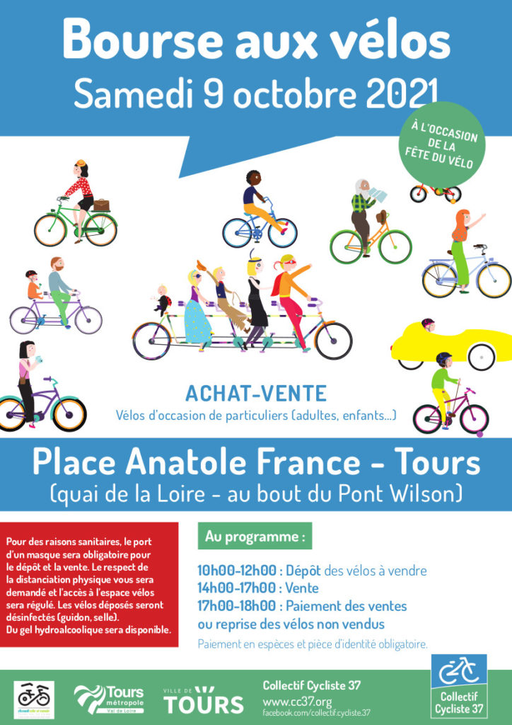 Affiche de la bourse aux vélos d’occasion du samedi 9 octobre 2021 organisée par le Collectif Cycliste 37, avec le soutien du Syndicat des Mobilités de Touraine en partenariat avec la Ville de Tours et Tours Métropole Val de Loire. @CC37 / réalisation : Eszett