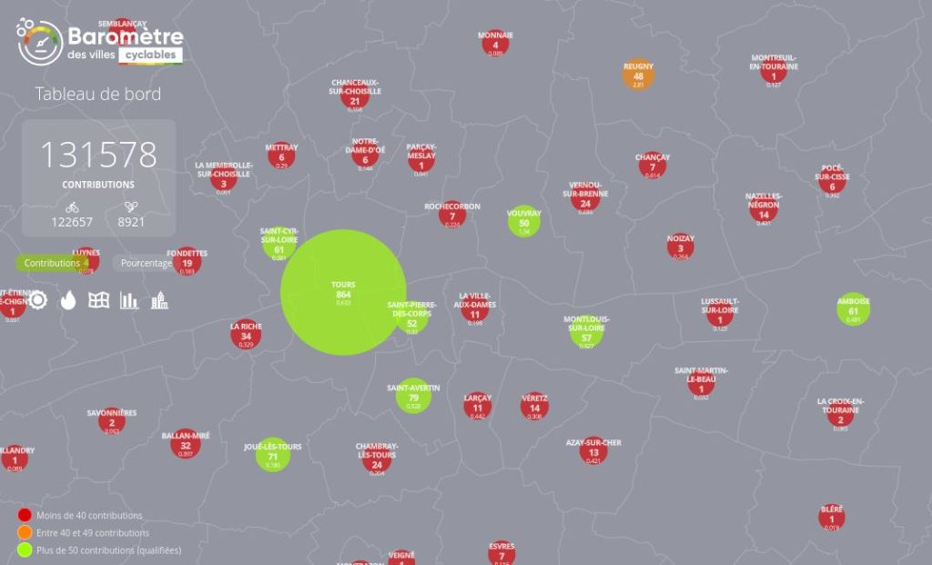 Résultats provisoires des communes membres de la CC Touraine Est Vallées au Baromètre des villes cyclables édition 2021 à la date du 4/11/2021.