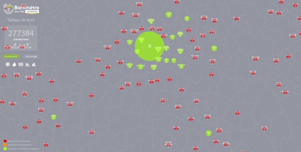 Résultats définitifs de la participation au Baromètre des villes cyclables 2021 en Indre-et-Loire. En vert les communes qualifiées (ayant obtenu 50 réponses ou plus). En rouge, les communes ayant obtenu entre 1 et 49 réponses.