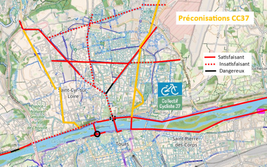 Cartes des préconisations du Collectif Cycliste 37 pour les zones de Tours Nord et Saint-Cyr-sur-Loire. @Collectif Cycliste 37