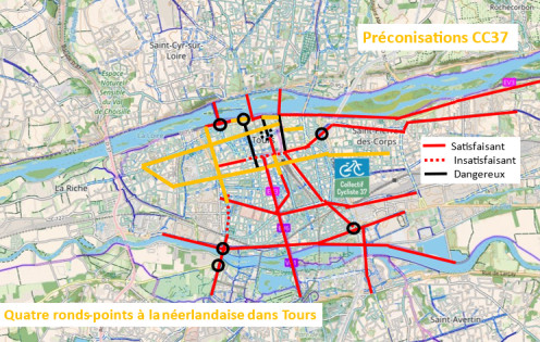 Cartes des préconisations du Collectif Cycliste 37 pour les zones de Tours centre et Tours Sud. @Collectif Cycliste 37