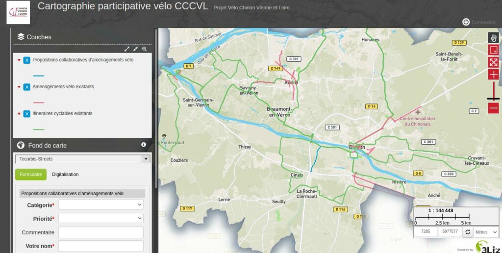 Copie écran de l'outil de cartographie participative vélo lancé par la Communauté de Communes Chinon Vienne et Loire dans le cadre d'une concertation dédiée aux aménagements cyclables.