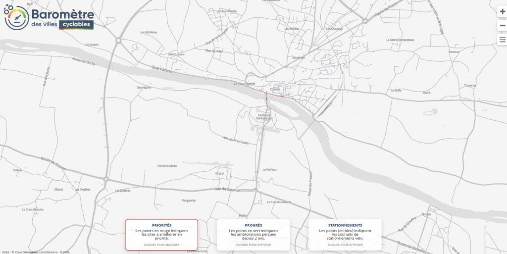 Résultats du Baromètre des villes cyclables 2021 : chaque point rouge indique une priorité en terme d'aménagements cyclables.