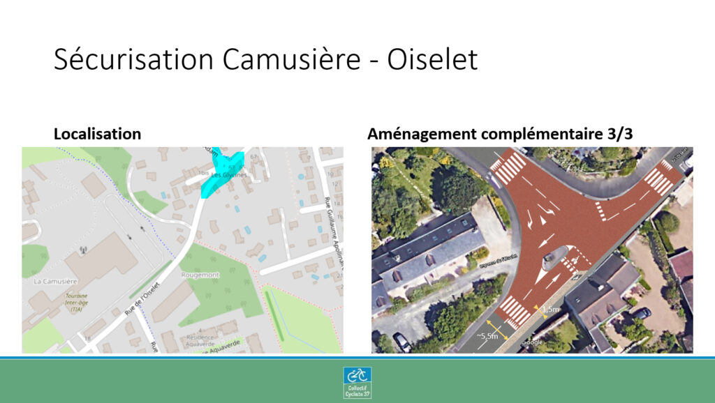 Dossier d’aménagement « Camusière – Oiselet » : proposition concernant le traitement du carrefour Oiselet/Henri Adam (60 Rue de l’Oiselet, Saint-Avertin). @Collectif Cycliste 37, 2021.