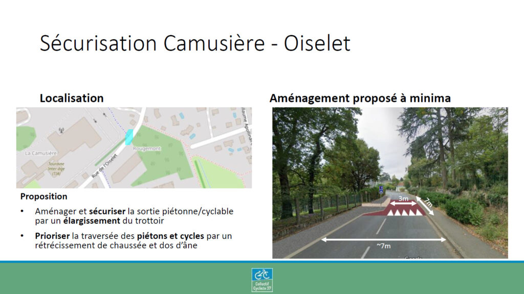 Dossier d’aménagement « Camusière – Oiselet » : proposition concernant l'accès au parc de la Camusière (40 Rue de l’Oiselet, Saint-Avertin). @Collectif Cycliste 37, 2021.