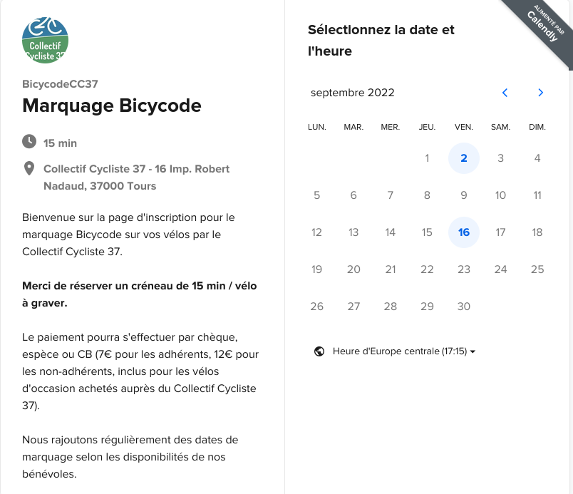 Copie de l'écran d'accueil de la page d'inscription pour le marquage Bicycode.