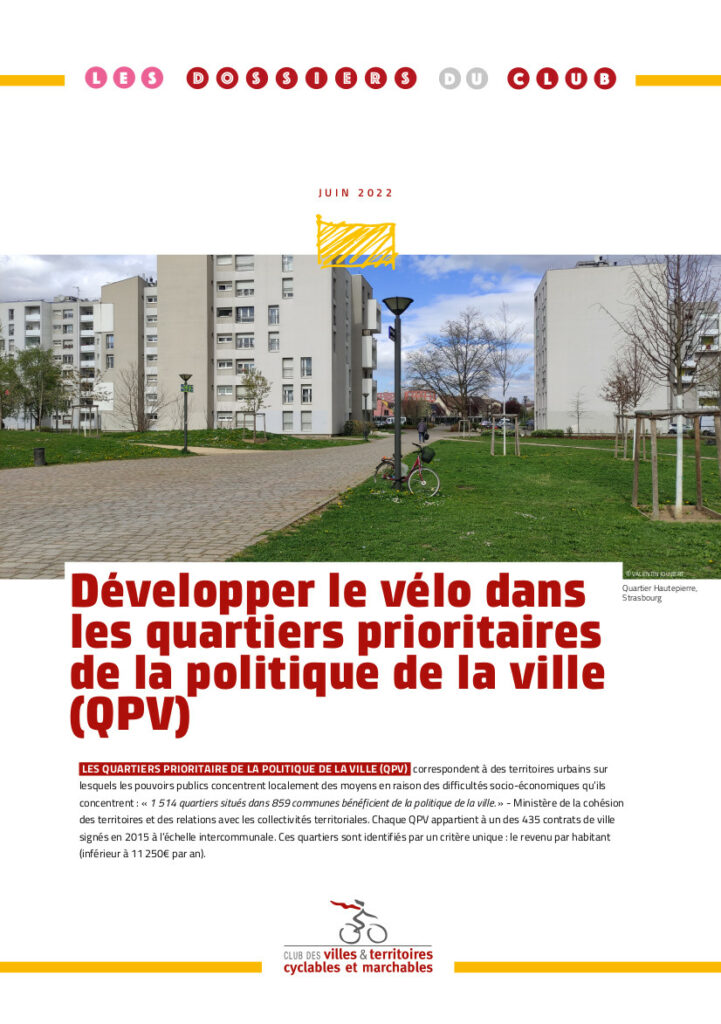 Couverture du dossier du Club des Villes et Territoires Cyclables et Marchables (CVTCM) intitulé "Comment développer le vélo dans les quartiers politique de la ville (QPV) ?", éd. juin 2022.