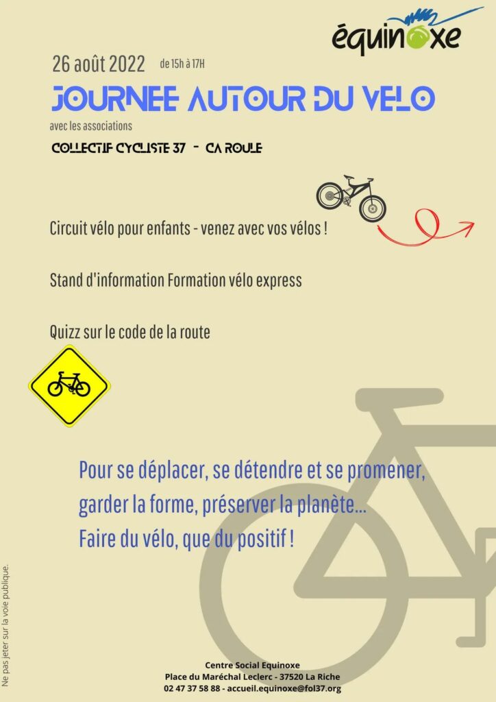 Centre social Equinoxe, affiche de la journée autour du vélo, vendredi 26 août 2022.