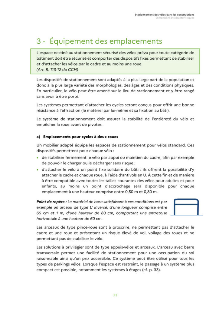 Guide "Stationnement des vélos dans les constructions. Dimensions et caractéristiques", Ministère de la transition écologique et de la cohésion des territoires, septembre 2022.