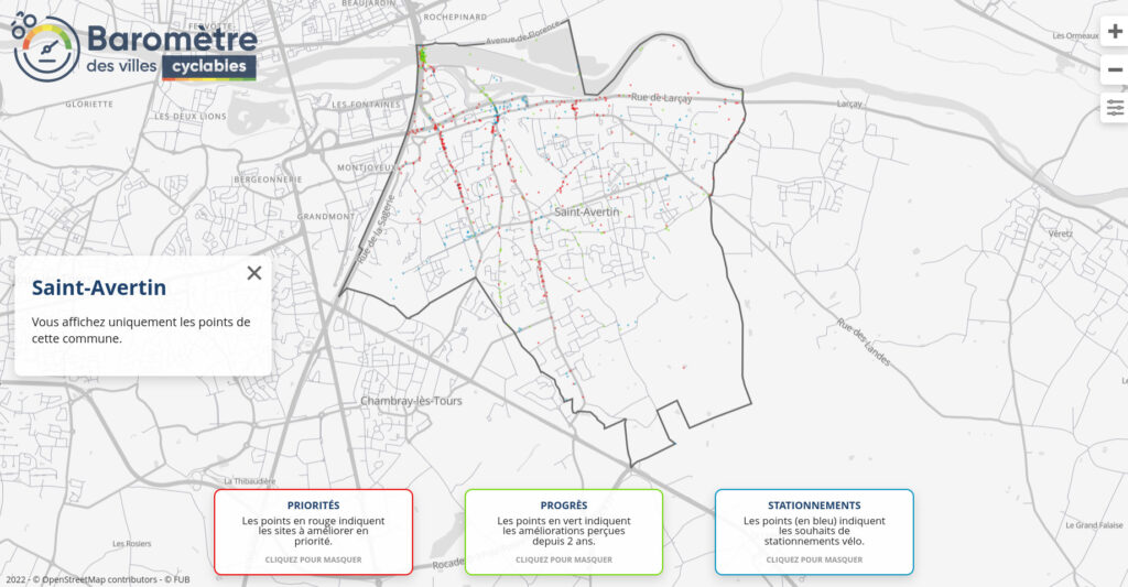 En 2021, pour la deuxième fois, la ville de Saint-Avertin est représentée dans le palmarès du Baromètre des villes cyclables de la FUB.