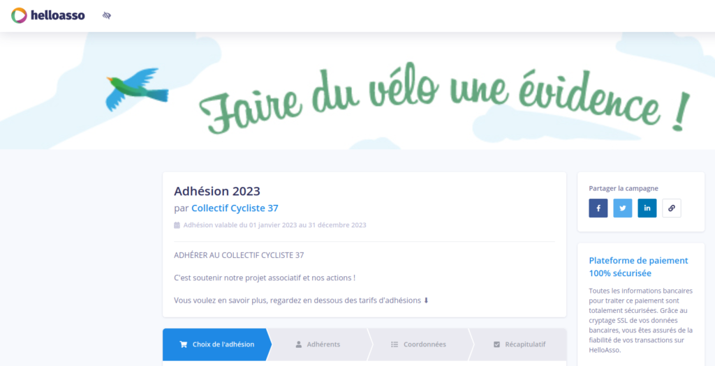 Adhésion en ligne au Collectif Cycliste 37 via Helloasso