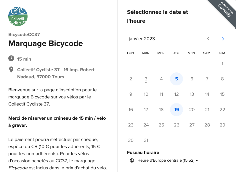 Capture d’écran de l'outil de prise de rendez-vous du marquage Bicycode (Calendly).