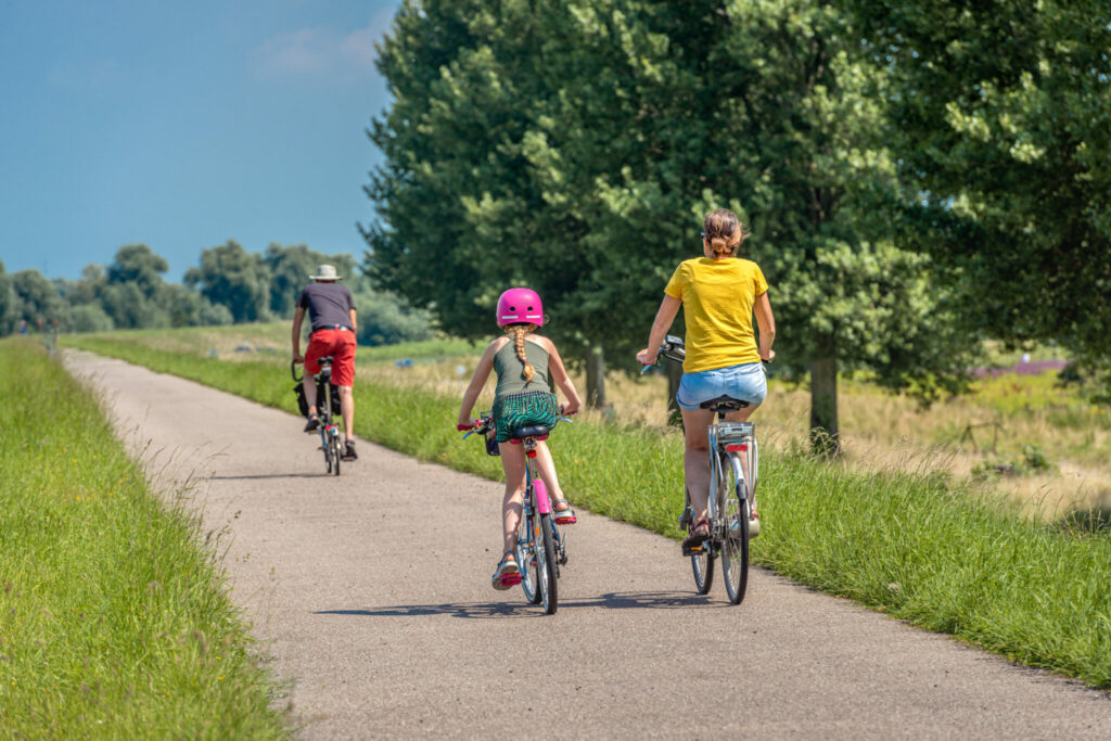 A father, mother and daughter are cycling on a Dutch dike. The little girl is wearing a pink bicycle helmet. It is a sunny day in summertime. The photo was taken in the province of North Brabant.