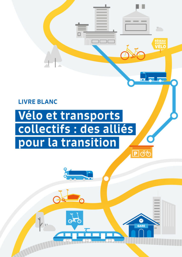 Couverture du livre blanc "Vélo et transports collectifs, des alliés pour la transition", FUB/FNAUT, 2023.