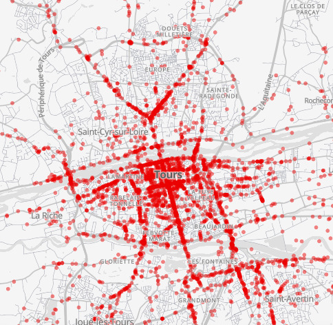 Cartographie des priorités d’aménagements (les points en rouge indiquent les sites à améliorer en priorité). ©Baromètre des villes cyclables 2021.