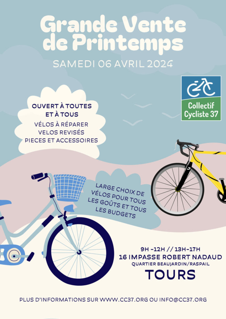 Affiche de la grande vente de vélos de Printemps du Collectif Cycliste 37 - samedi 6 avril 2024.